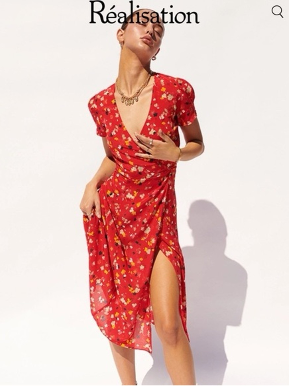 Réalisation Par Teale Red Floral Silk Short Sleeve Wrap Dress